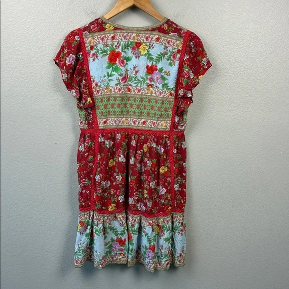 Tulle & Batiste Miriam Mini Dress Rococo Red Patchwork Floral Ruffle Midi M - Picture 6 of 9